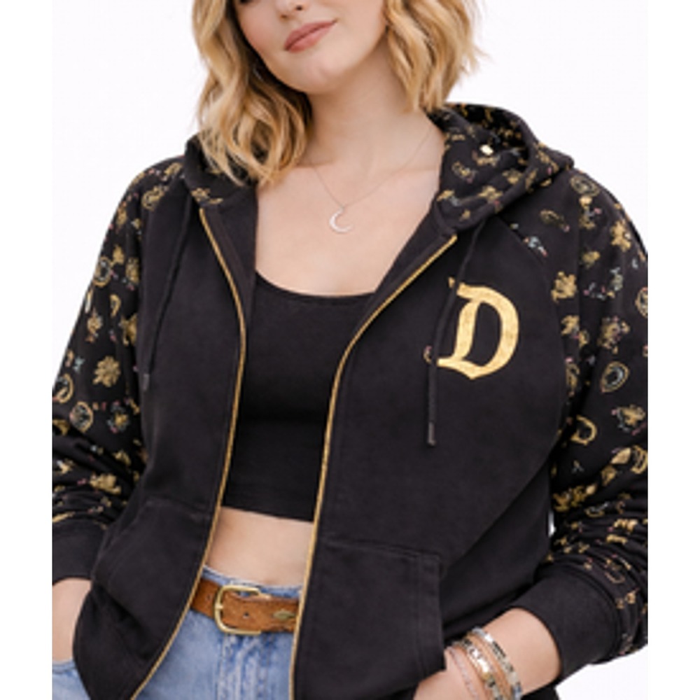 Disney Zip Hoodie Women's 2XL Black Gold Crest Print  Streetwear Sweatshirt